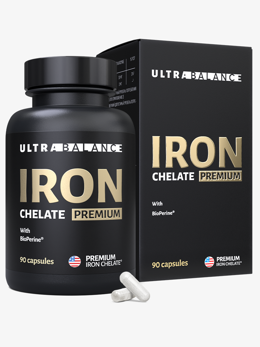 Железо хелатное премиум UltraBalance Iron Chelated Premium with BioPerine витамины хелат с пиперином 90 капсул - фото 1