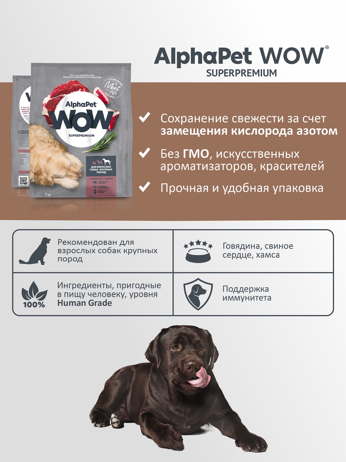 Корм для взрослых собак крупных пород AlphaPet Wow Superpremium сухой с говядиной и сердцем 7кг - фото 3