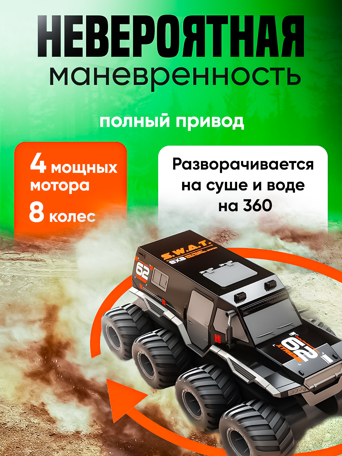 Внедорожник РУ ToviWish Шаман 8*8 водонепроницаемый 1:16 - фото 5