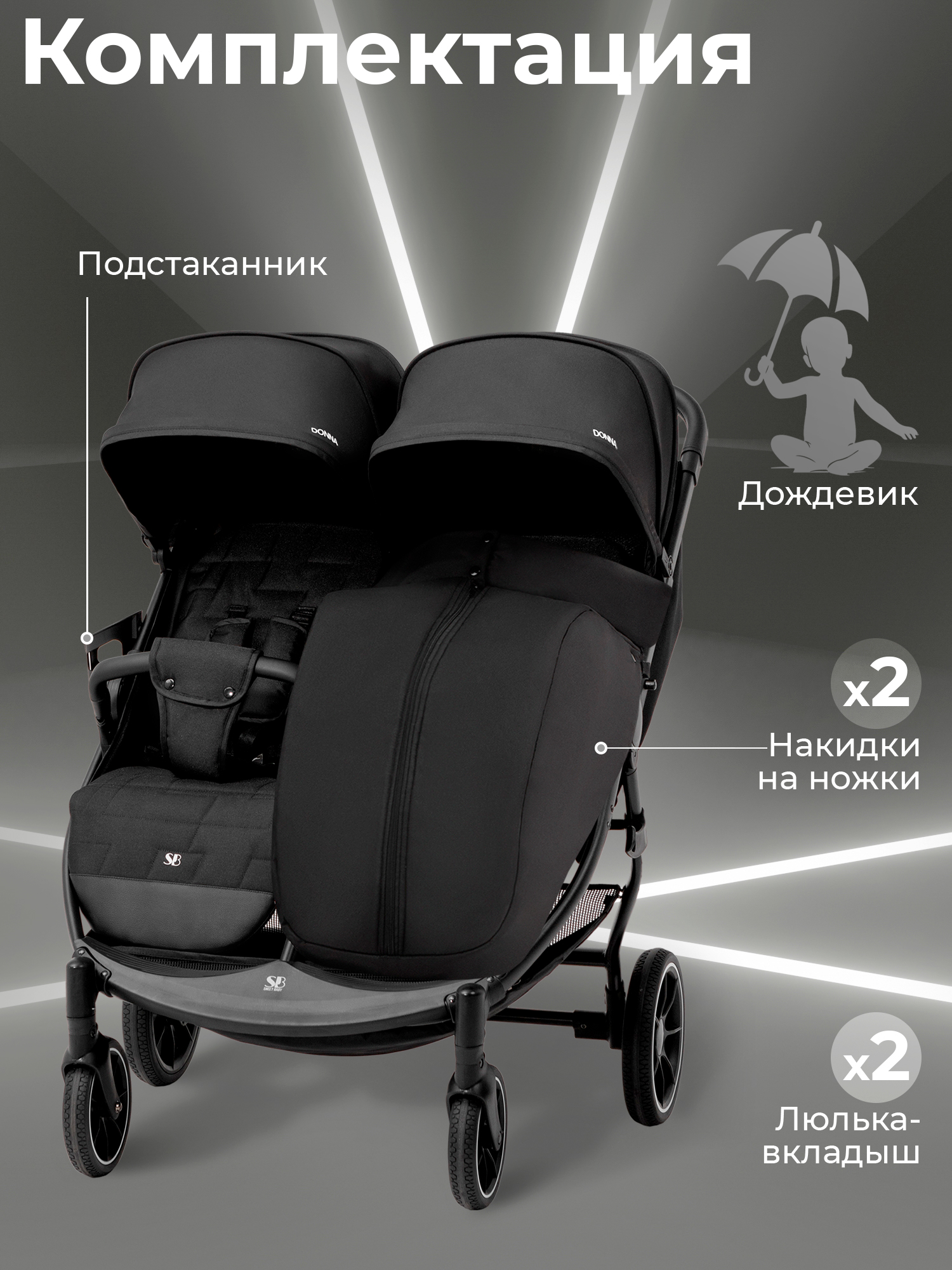 Коляска прогулочная для двойни Sweet Baby Donna Black черный - фото 12