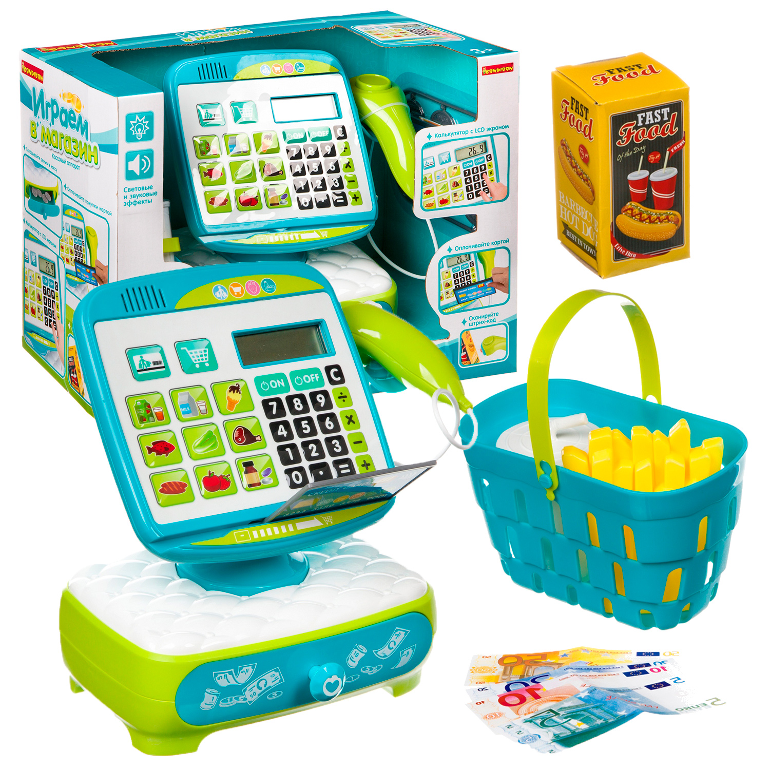 Игровой набор Bondibon касса, продукты, тележки и корзинки - фото 1