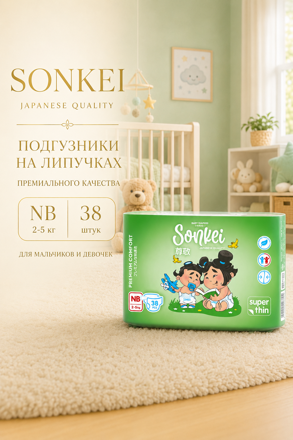 Подгузники Sonkei NB 38 шт. - фото 1