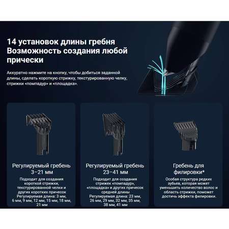 Машинка XIAOMI для стрижки волос и бороды 14 установок длины 3 насадки