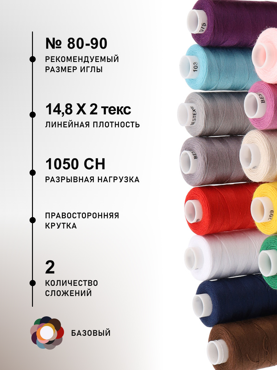 Набор ниток Bestex для шитья трикотажа ткани легкой и средней плотности 40/2 Базовый 365 м 400 ярд 16 шт - фото 2