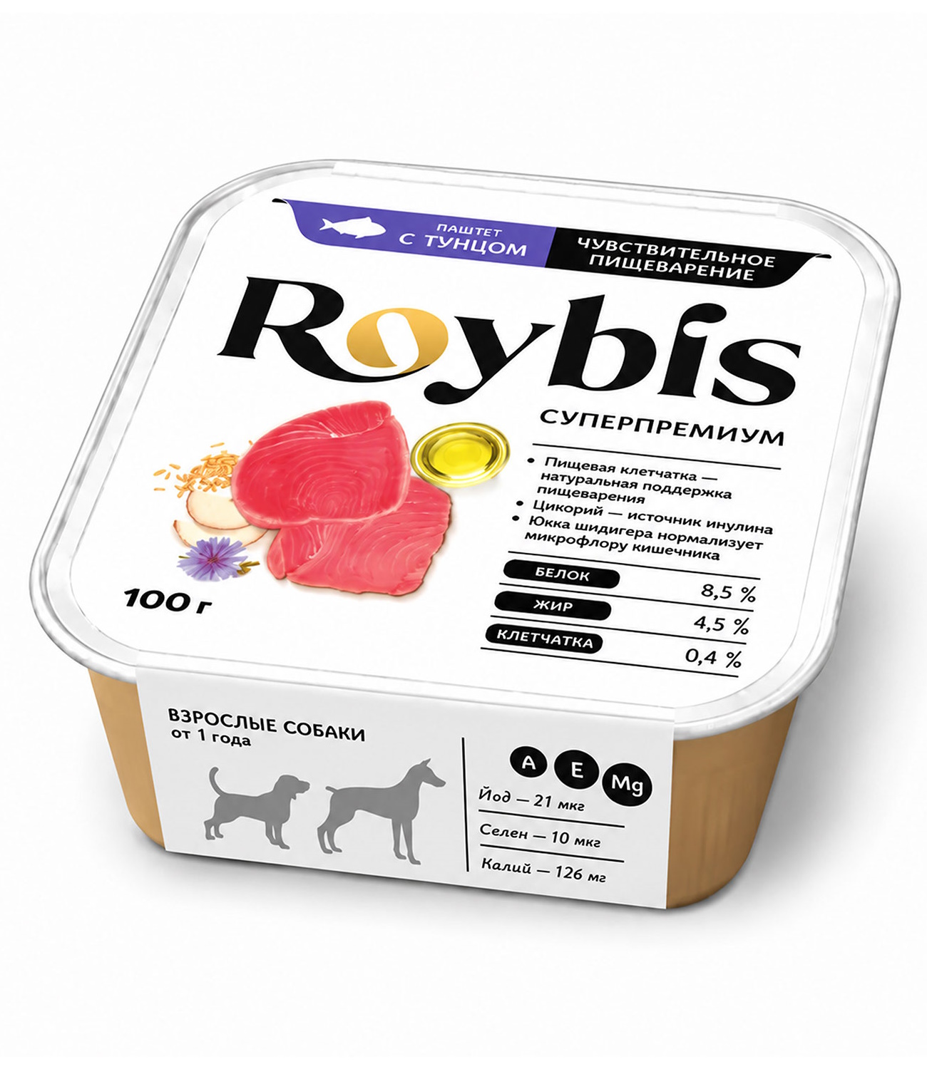 Корм полнорационный для собак Roybis для чувствительного пищеварения паштет с тунцом консервированный 100г - фото 1
