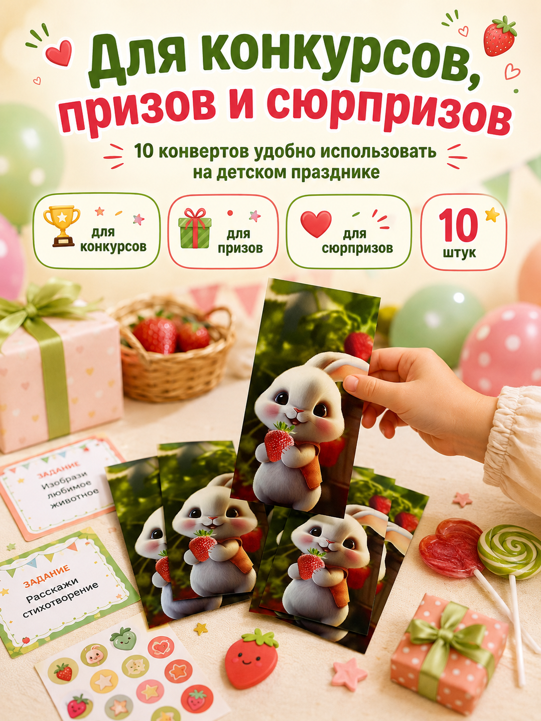 Конверты для денег детские Филькина Грамота с зайчиком и клубникой, 10 шт. - фото 7