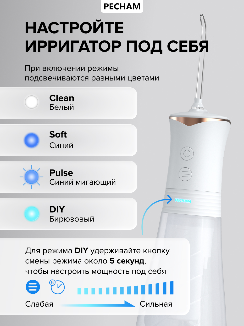 Ирригатор PECHAM импульсный, моноструйный, ручной 4 реж. - фото 6
