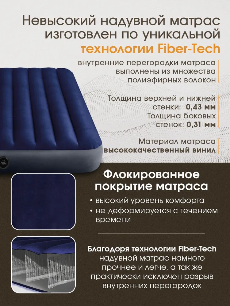 Матрас надувной Intex Classic Downy Airbed / 152x203x25 см / Ручной насос+2 подушки - фото 5