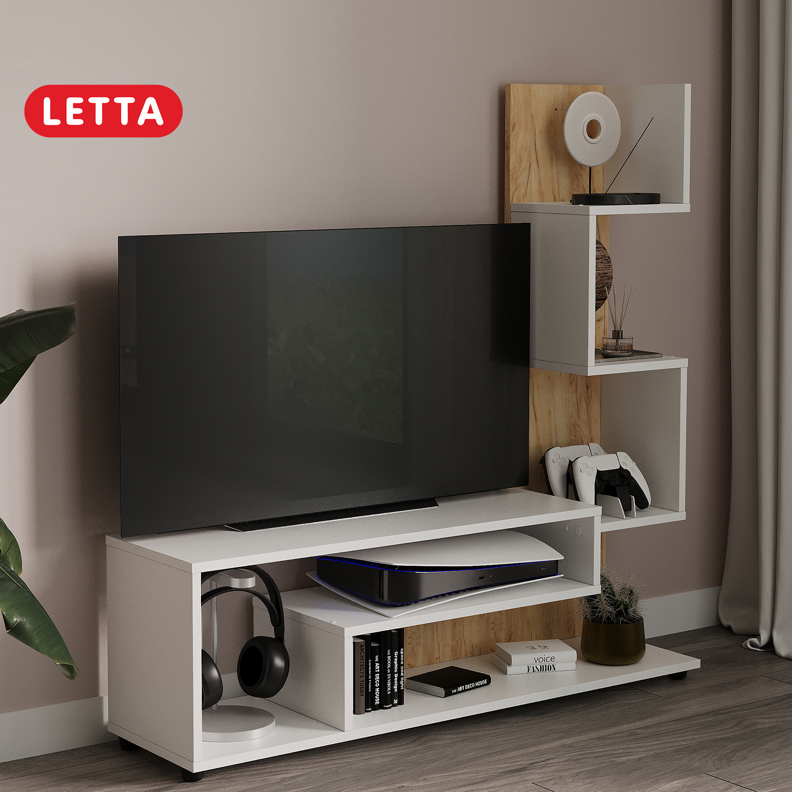 Стеллаж тумба под тв LETTA Zett Орех Лион Белое тиснение 1100*1112*280 - фото 1