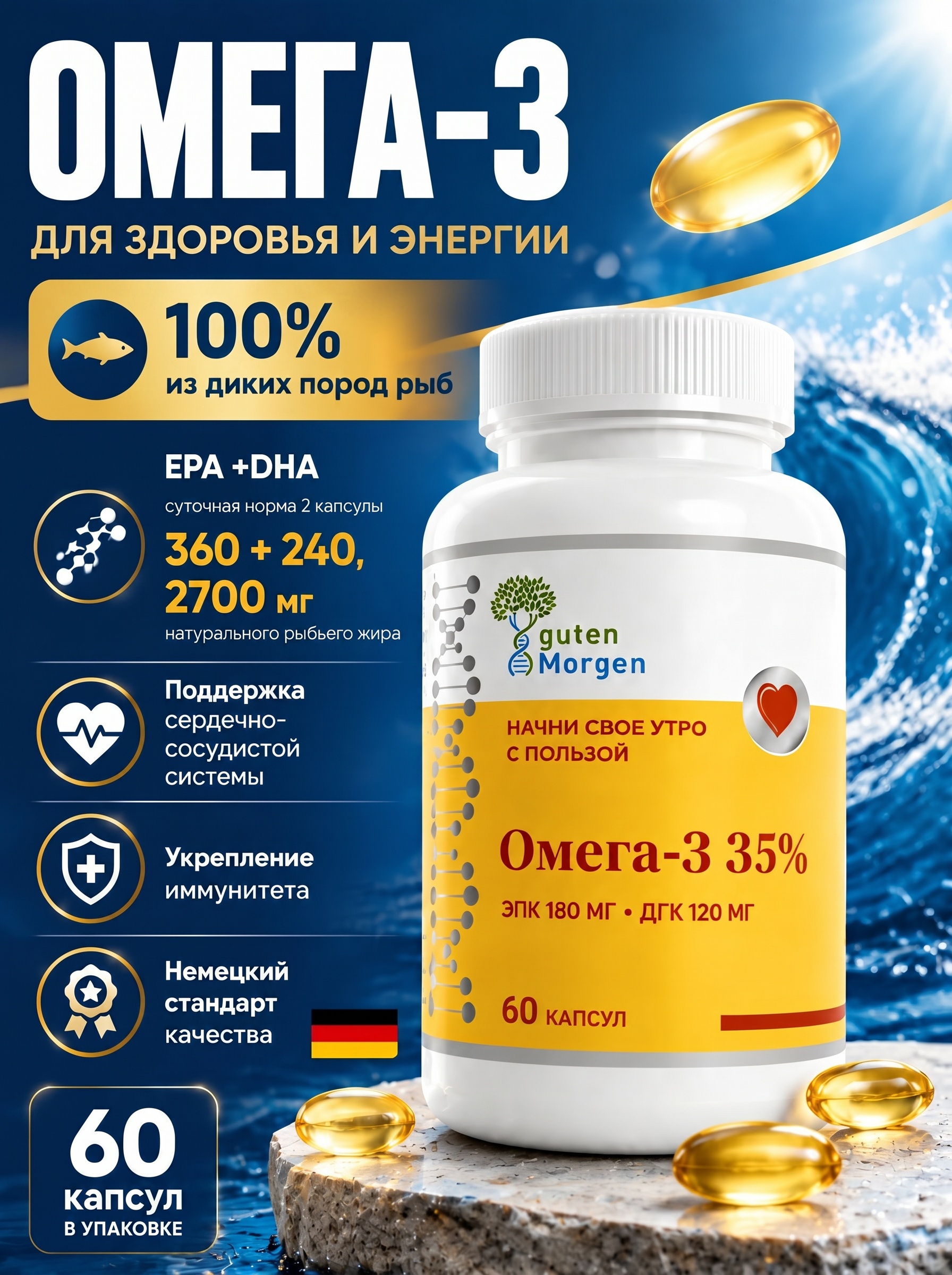 Изображение товара Омега-3 35% рыбий жир в капсулах для взрослых от Guten Morgen Изображение товара Омега-3 35% рыбий жир в капсулах для взрослых от Guten Morgen