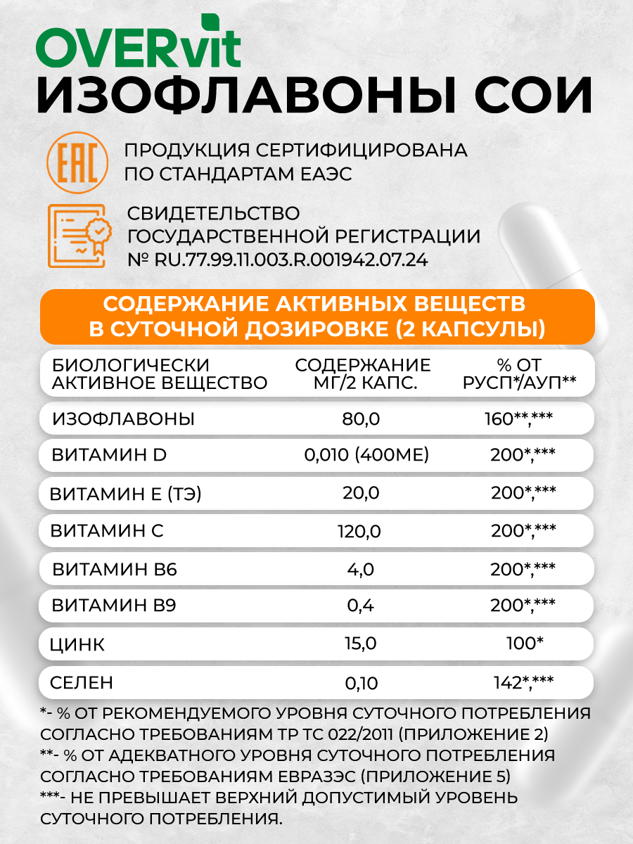 Изофлавоны сои OVER БАД при климаксе и менопаузе, 60 капсул - фото 5