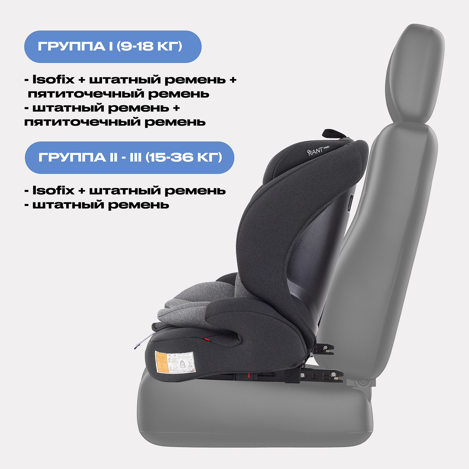 Автокресло Rant Basic ZY27F Apex Isofix 1/2/3 (9-36 кг) серый - фото 4