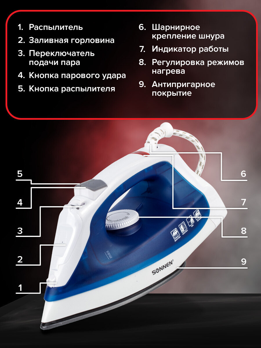 Утюг паровой Sonnen для глажки одежды ручной с антипригарным покрытием - фото 3