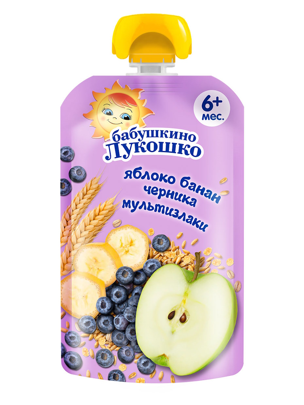 Пюре Бабушкино лукошко Яблоко-банан-черника-мультизлаки с 6 мес 125 г - фото 1