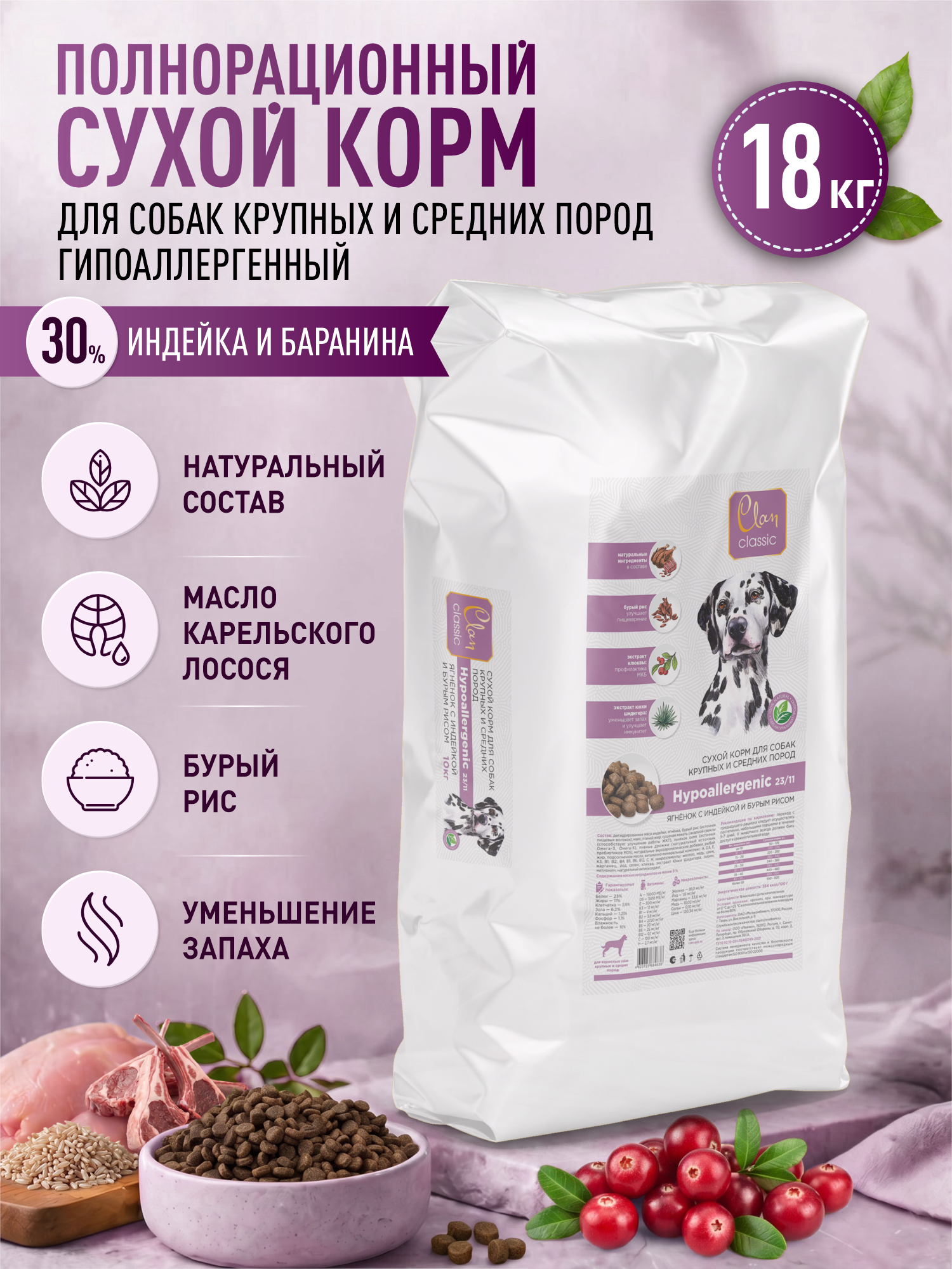 Корм для собак крупных и средних сухой Clan Classic Hypoallergenic 23/11 гипоаллергенный ягненок и индейка 18кг - фото 1