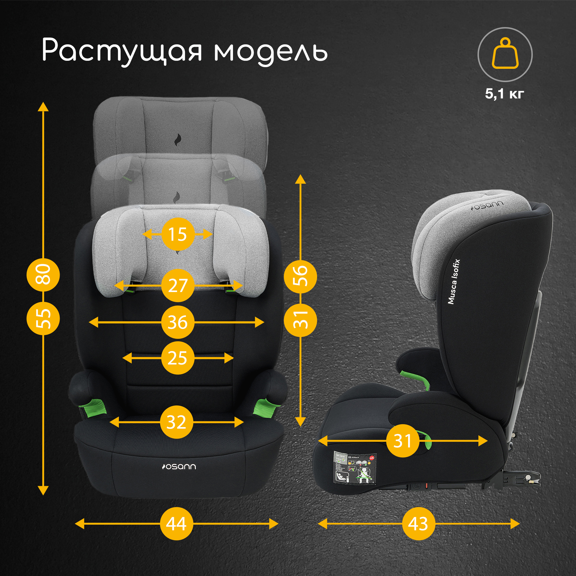 Автокресло Osann Musca Isofix Isofix 2/3 (15-36 кг) серый - фото 11