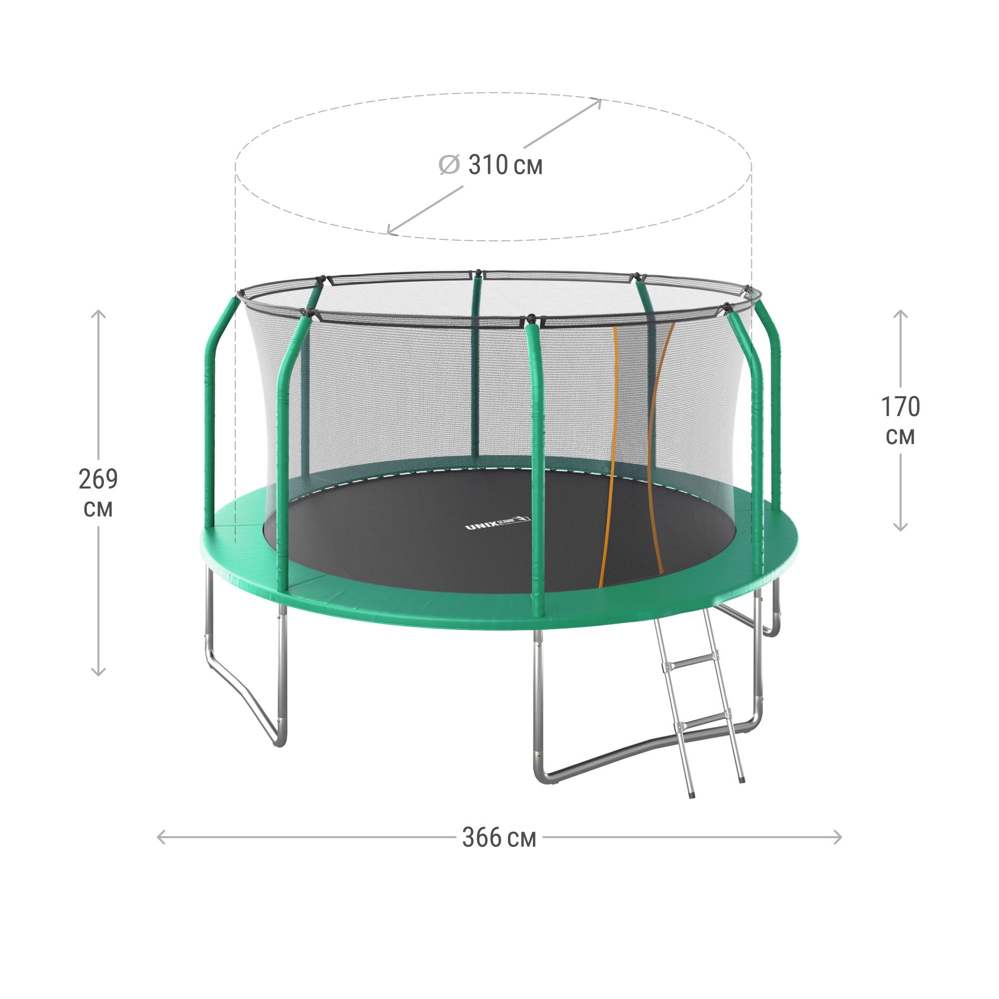 Батут каркасный supreme basic UNIX line 12 ft Green, диаметр 366 см вес до 150 кг диаметр прыжковой зоны 310 см - фото 3