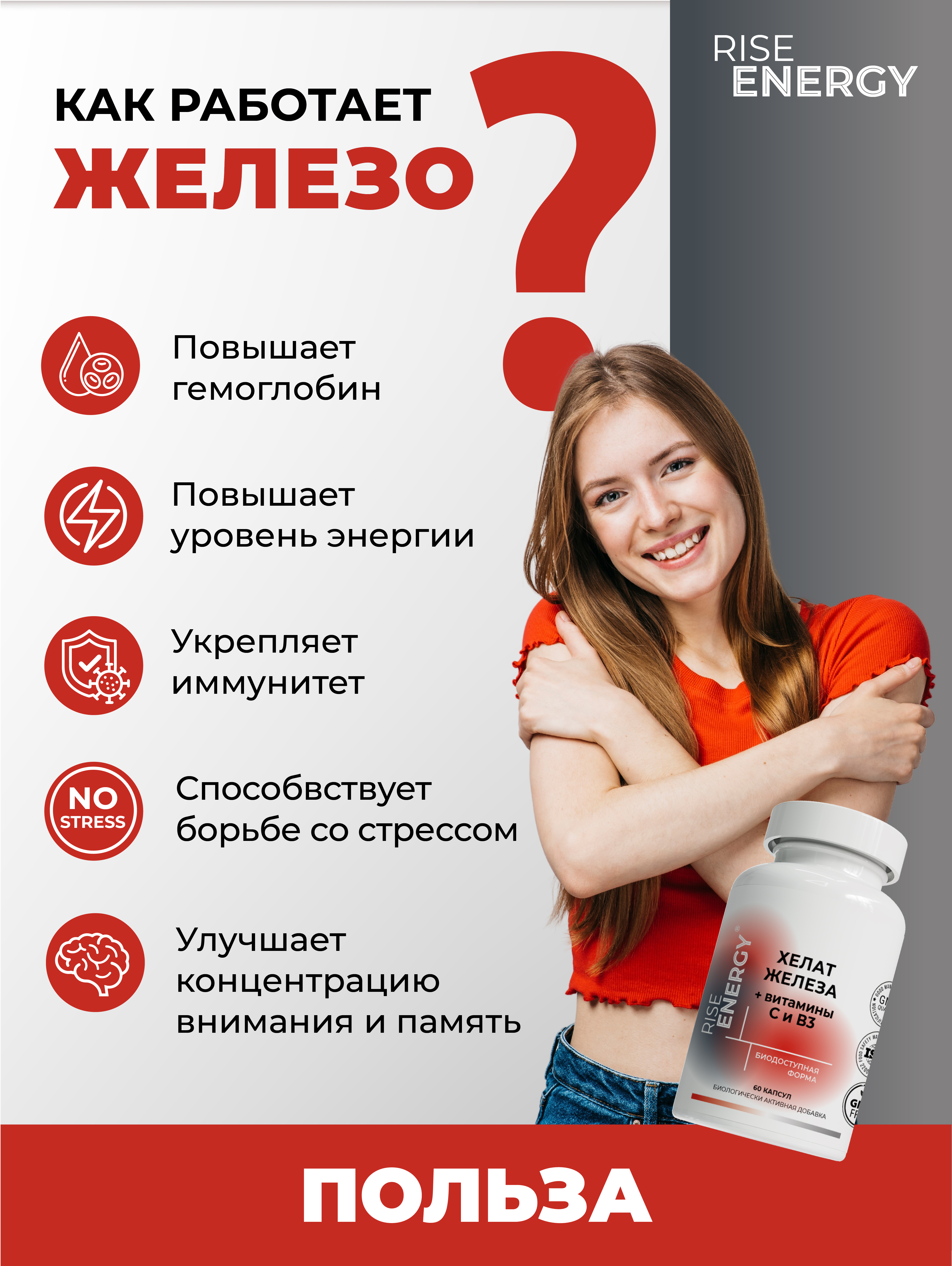 Железа хелат Rise Energy для мужчин и женщин 60 капсул - фото 3