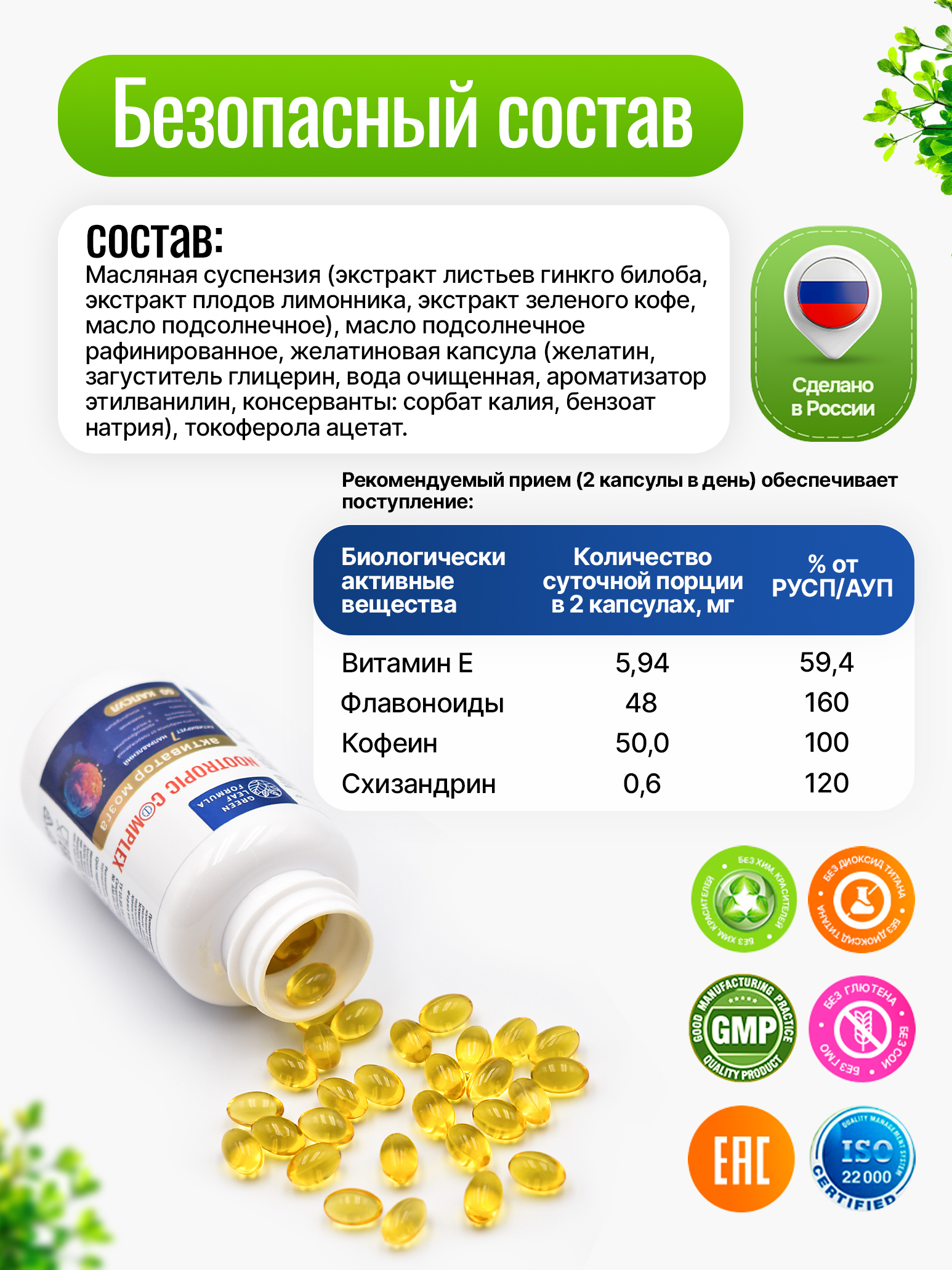 Ноотропный комплекс для мозга Green Leaf Formula для памяти и внимания для нервной системы кофеин гинкго билоба - фото 5