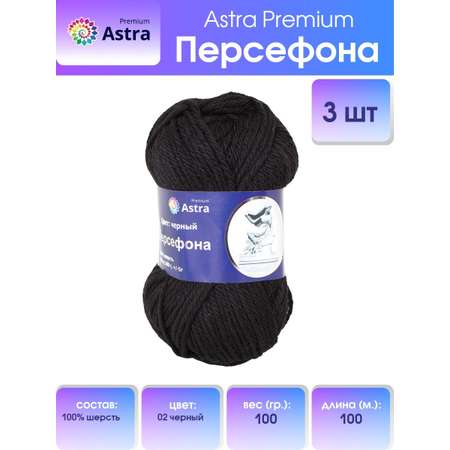 Пряжа Astra Premium Персефона шерстяная 100 г 100 м 02 черный 3 мотка