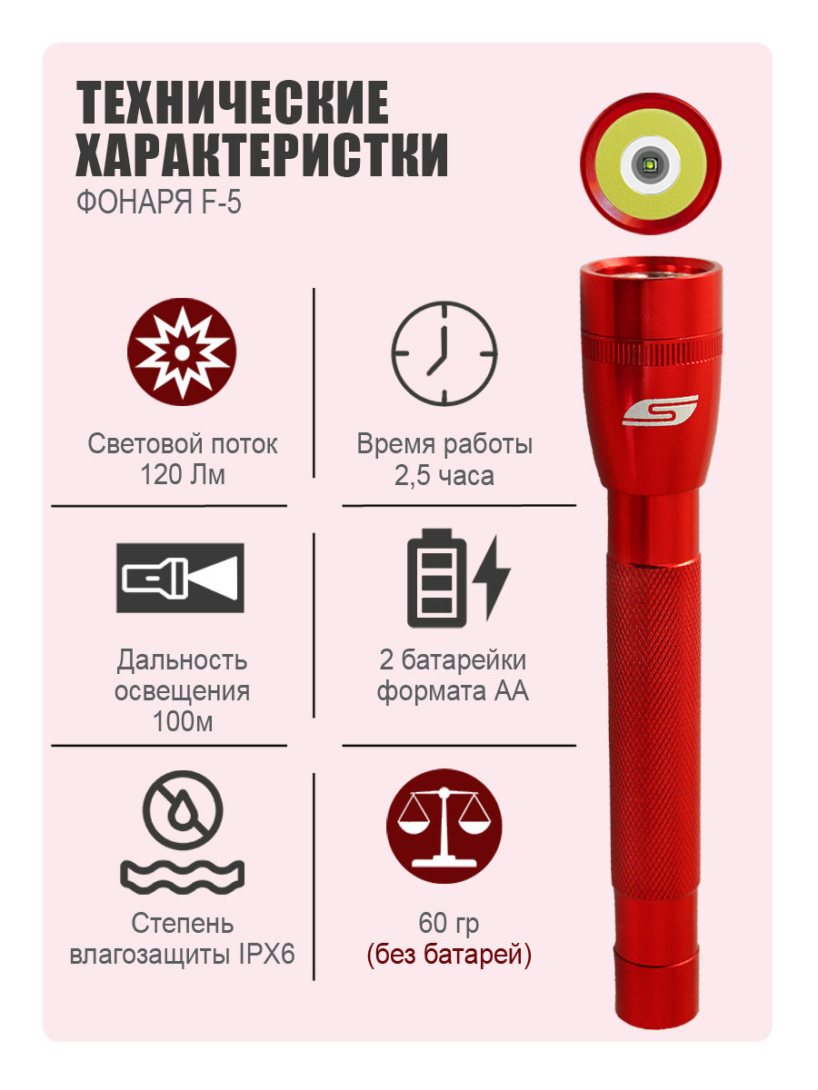Ручной фонарь Solaris Красный светодиодный F-5 - фото 2