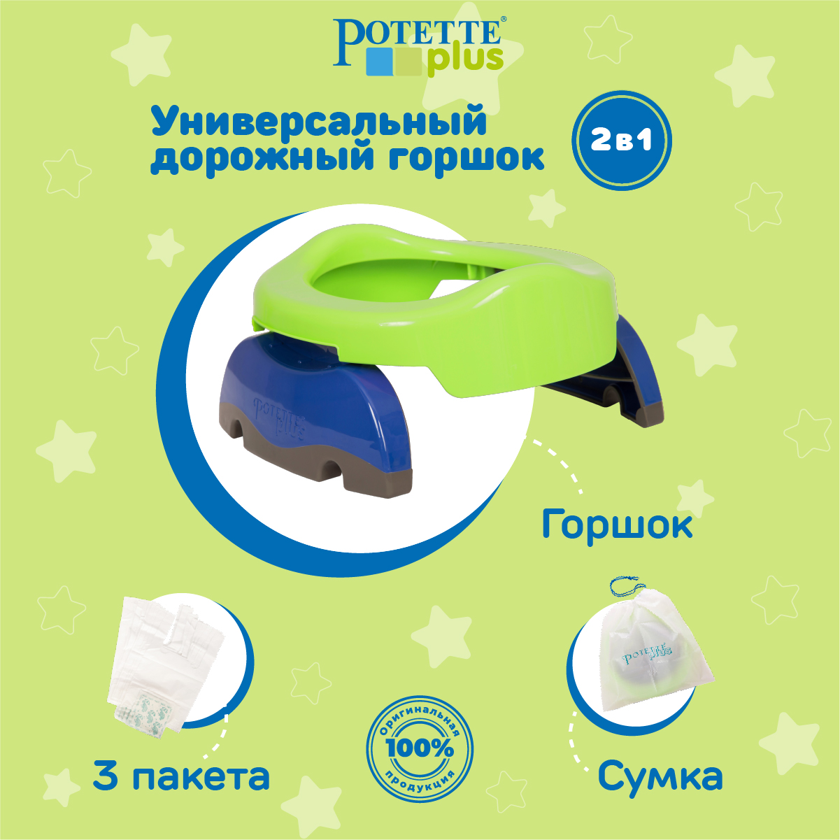 Дорожный горшок Potette Plus складной + 3 одноразовых пакета зеленый/голубой - фото 1