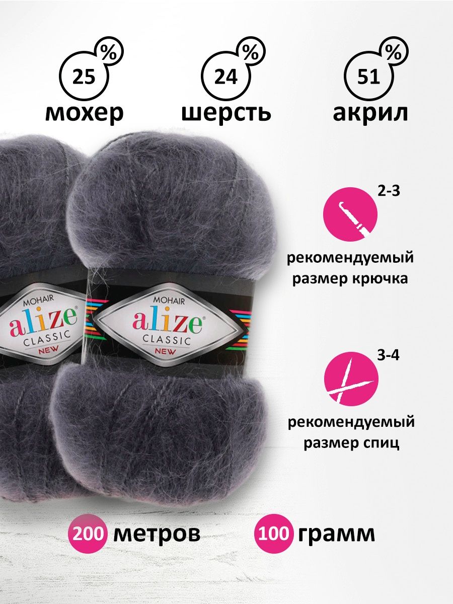 Пряжа Alize полушерстяная Mohair classic new 100гр 200м 5 мотков 53 темно-серый - фото 3