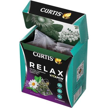Чай зеленый Curtis Relax 15 пирамидок с ромашкой лавандой мелиссой и витаминами В3 В5 В6