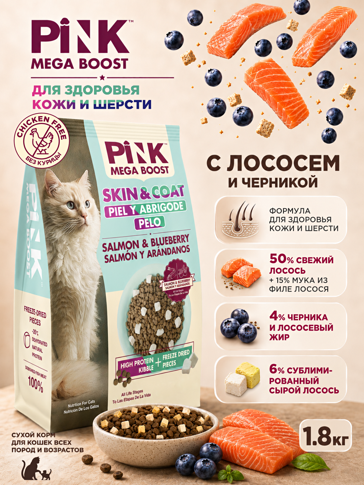 Сухой корм для кошек PINK MEGA BOOST Здоровая кожа и шерсть Лосось и черника с сублимированным мясом 1.8кг - фото 1
