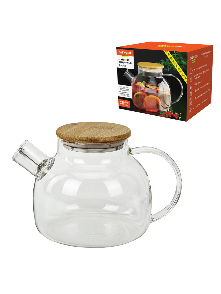 Чайник заварочный DASWERK стеклянный с ситечком жаропрочный 900 мл - фото 1