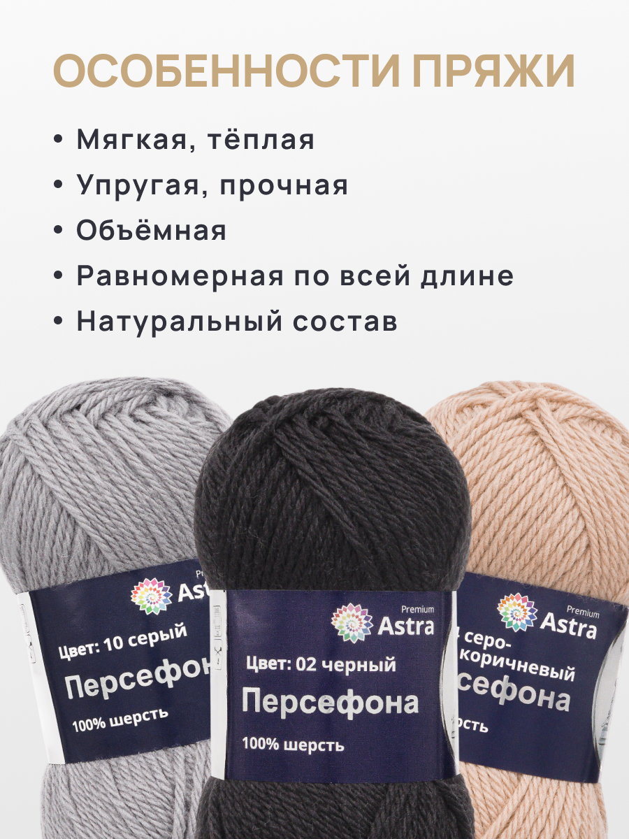 Пряжа Astra Premium Персефона шерстяная 100 г 100 м 02 черный 3 мотка - фото 3