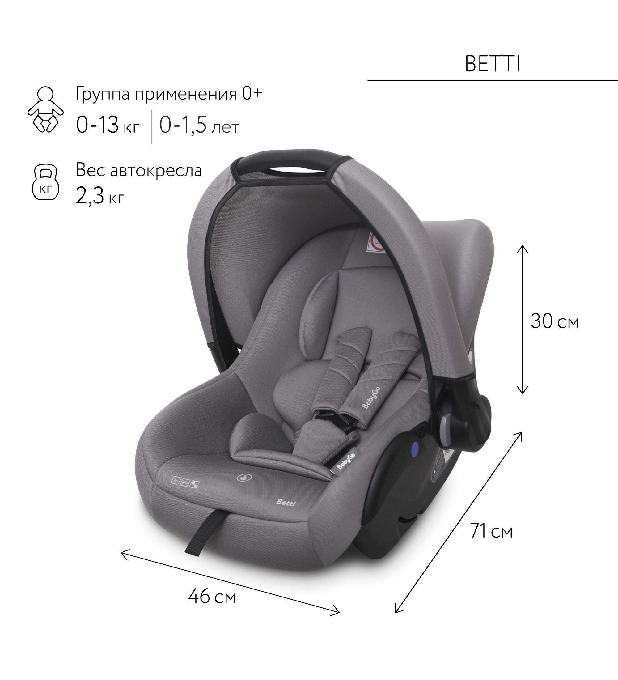 Автокресло BabyGo Betti 0 (0 -13 кг) серый - фото 2
