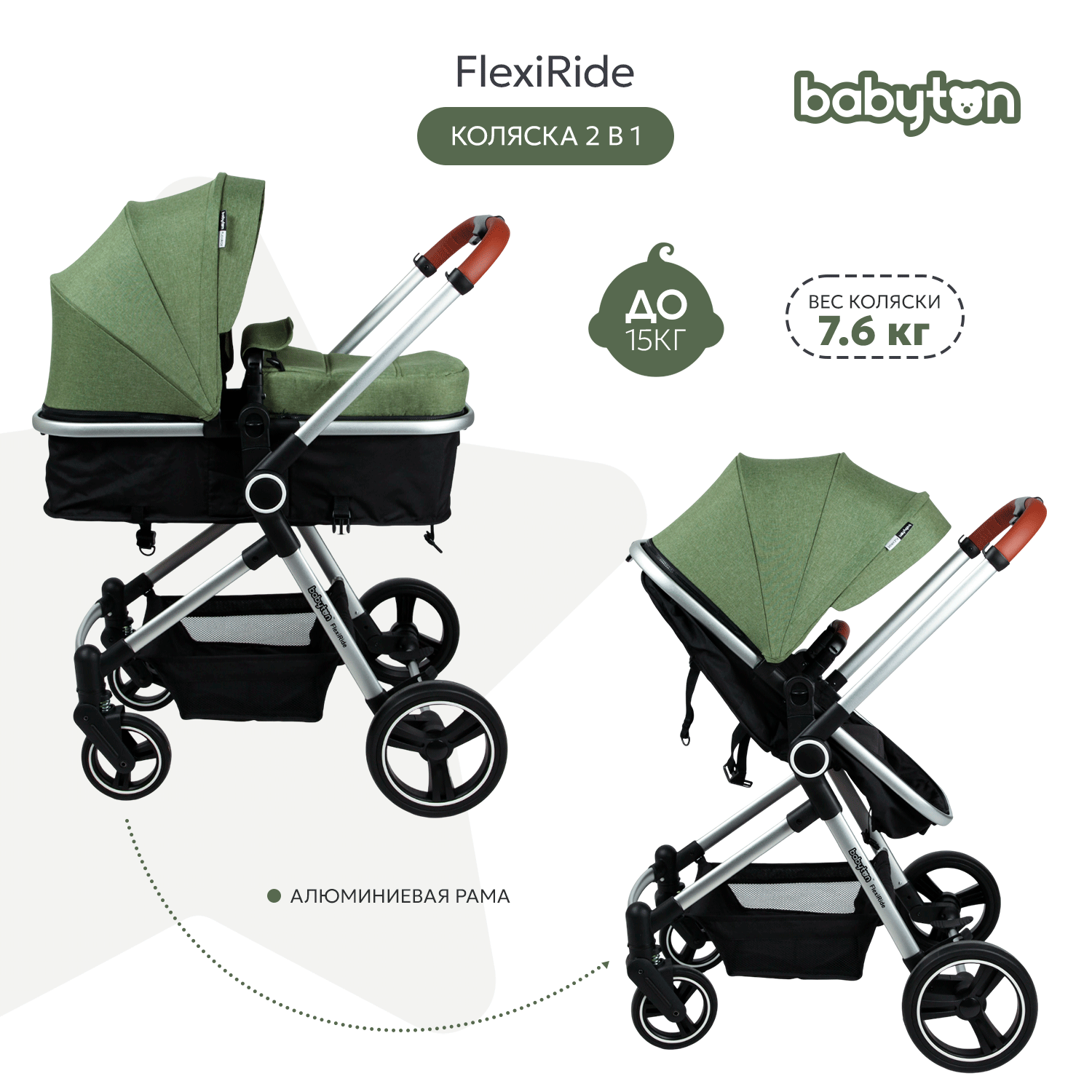 Коляска трансформер Babyton FlexiRide Black-Green зеленый - фото 2
