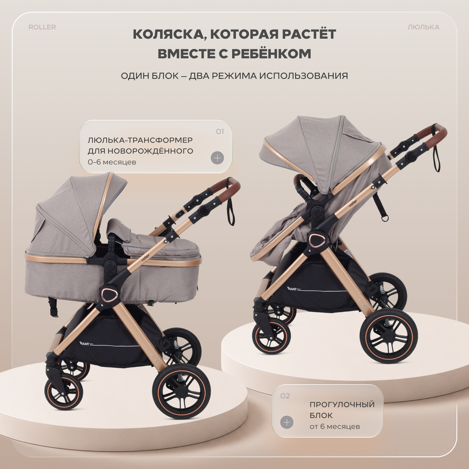 Коляска трансформер Rant Basic Roller Gold 2в1, beige бежевый - фото 3