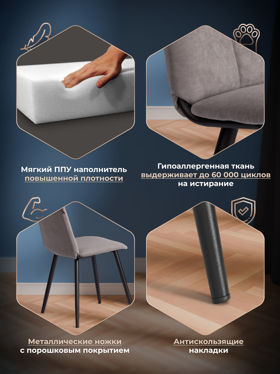 Стул TETCHAIR велюр серый 2 шт. - фото 3