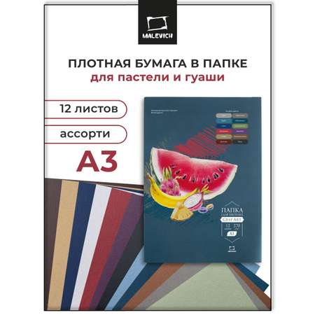 Художественная бумага, цветной картон, цветная бумага, папка для рисования Малевичъ 12 лист.