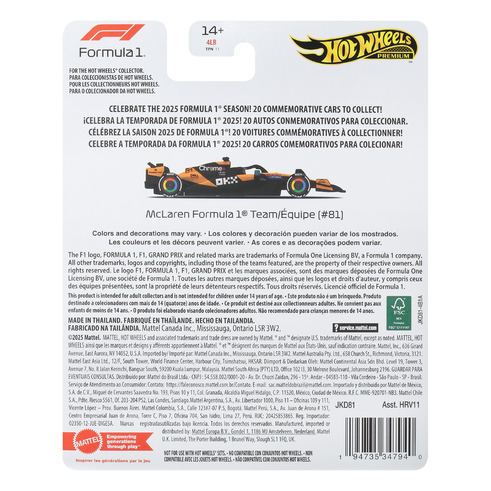 Болид Hot Wheels Premium Formula 1 JKD81 1:64 JKD81 - фото 8