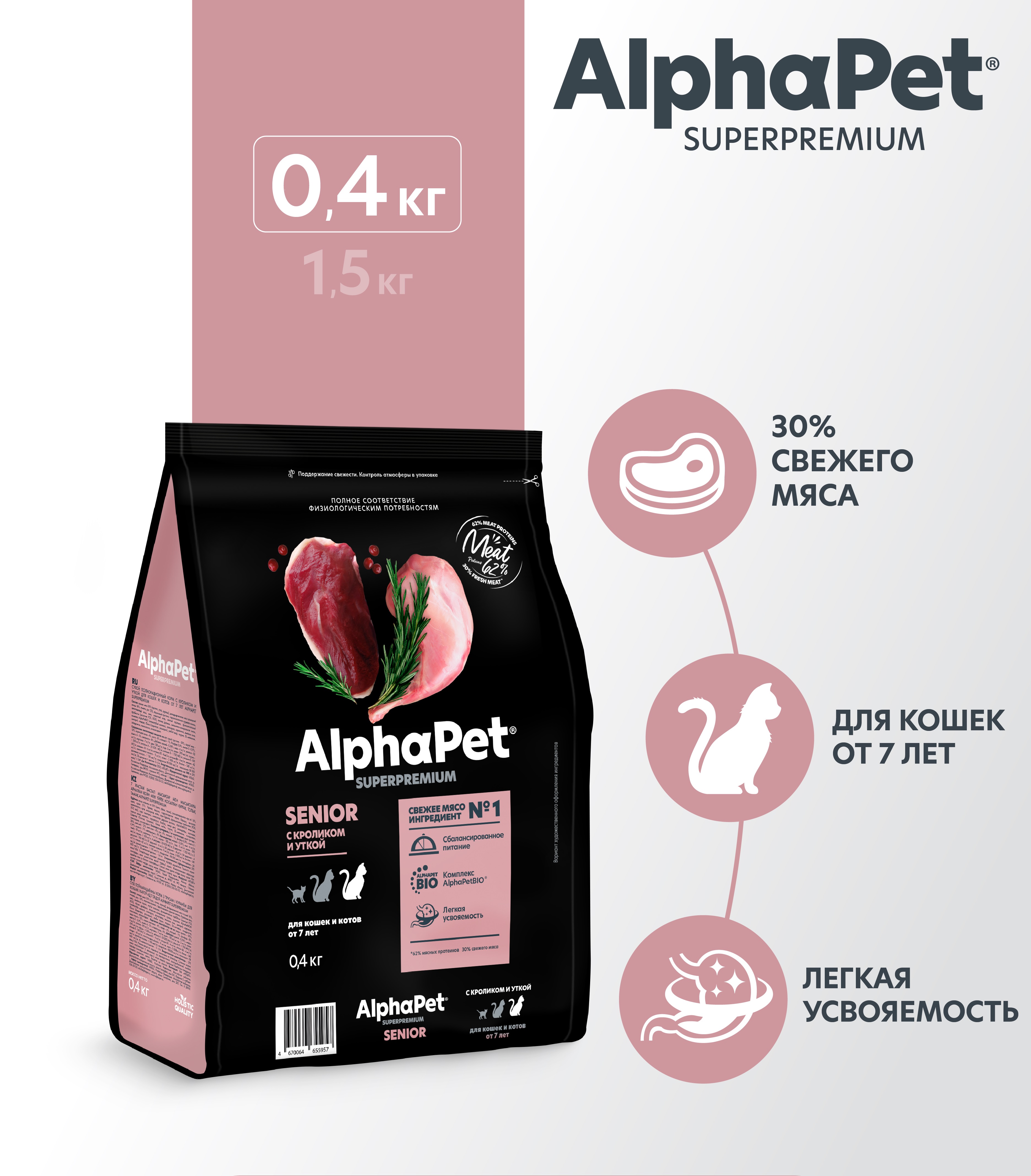 Сухой полнорационный корм холистик AlphaPet с кроликом и уткой - фото 1