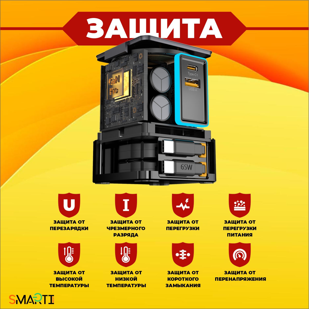 Быстрое зарядное устройство SmartiNext 105Вт с беспроводной зарядкой 6в1 со встроенными кабелями - фото 3