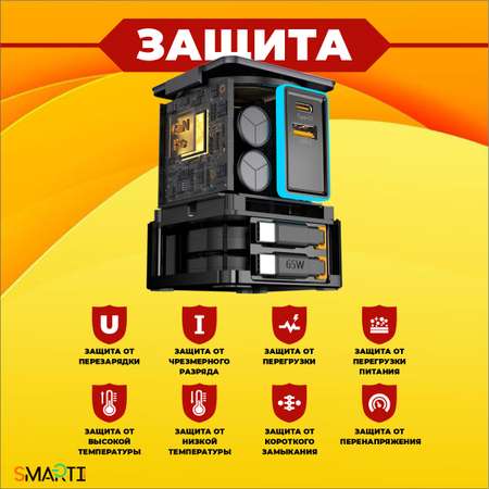 Быстрое зарядное устройство SmartiNext 105Вт с беспроводной зарядкой 6в1 со встроенными кабелями
