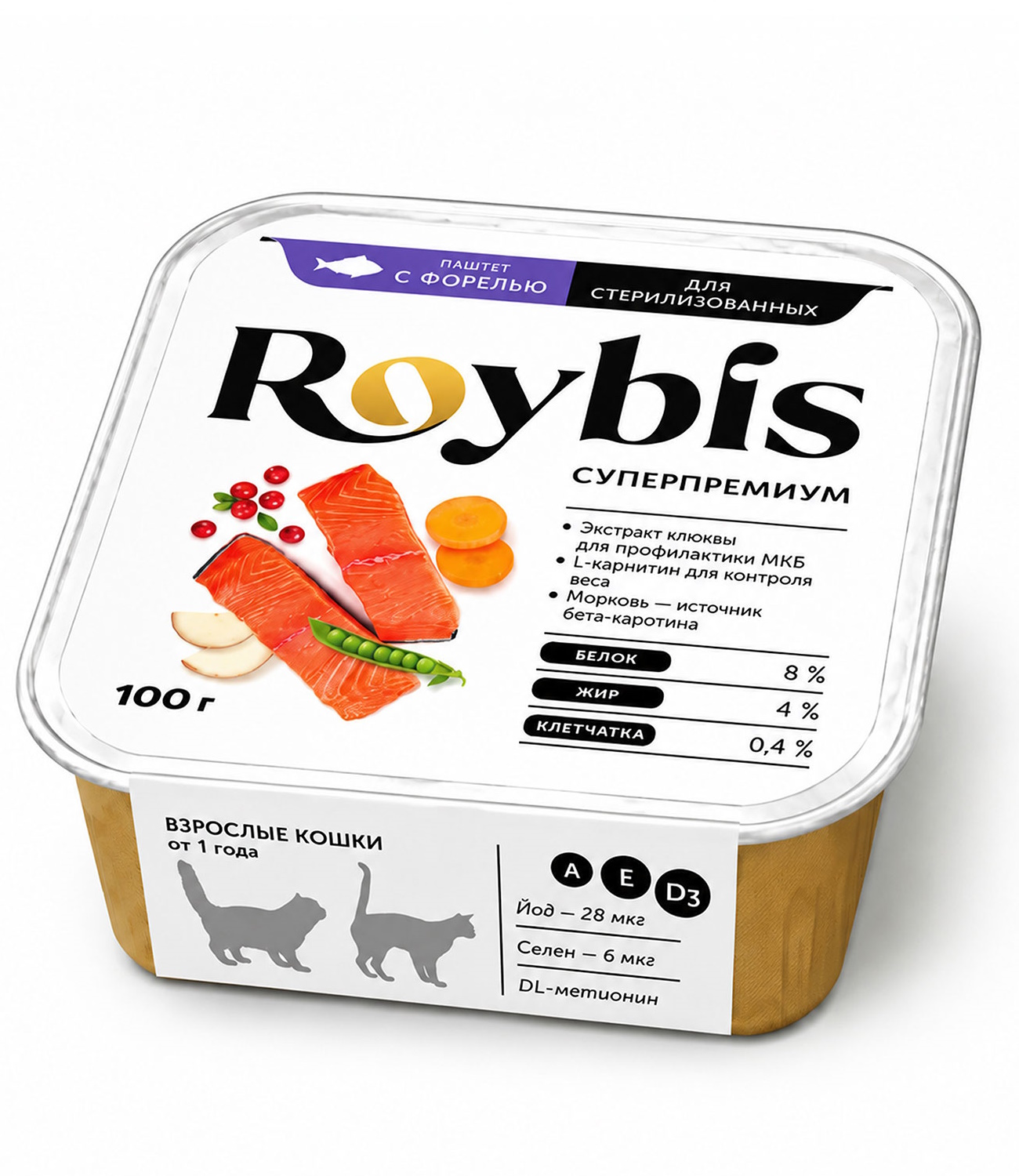 Корм полнорационный для кошек Roybis для стерилизованных паштет с форелью консервированный 100г - фото 1
