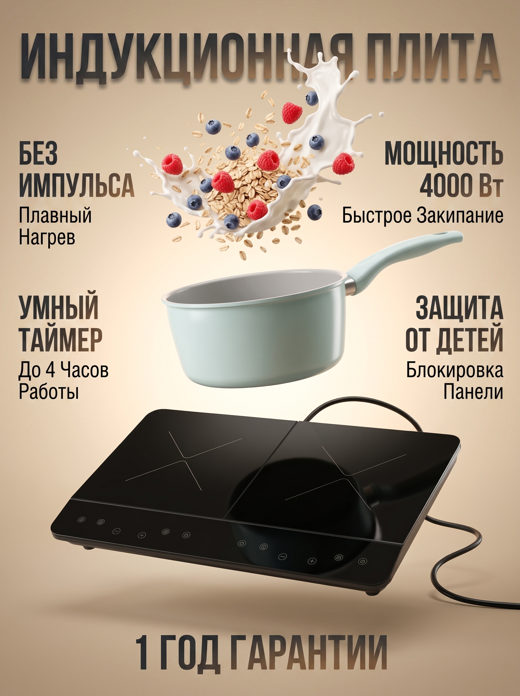 Плитка электрическая индукционного типа ENDEVER Skyline IP-74 4000 Вт 8 режимов Черный хрусталь - фото 1
