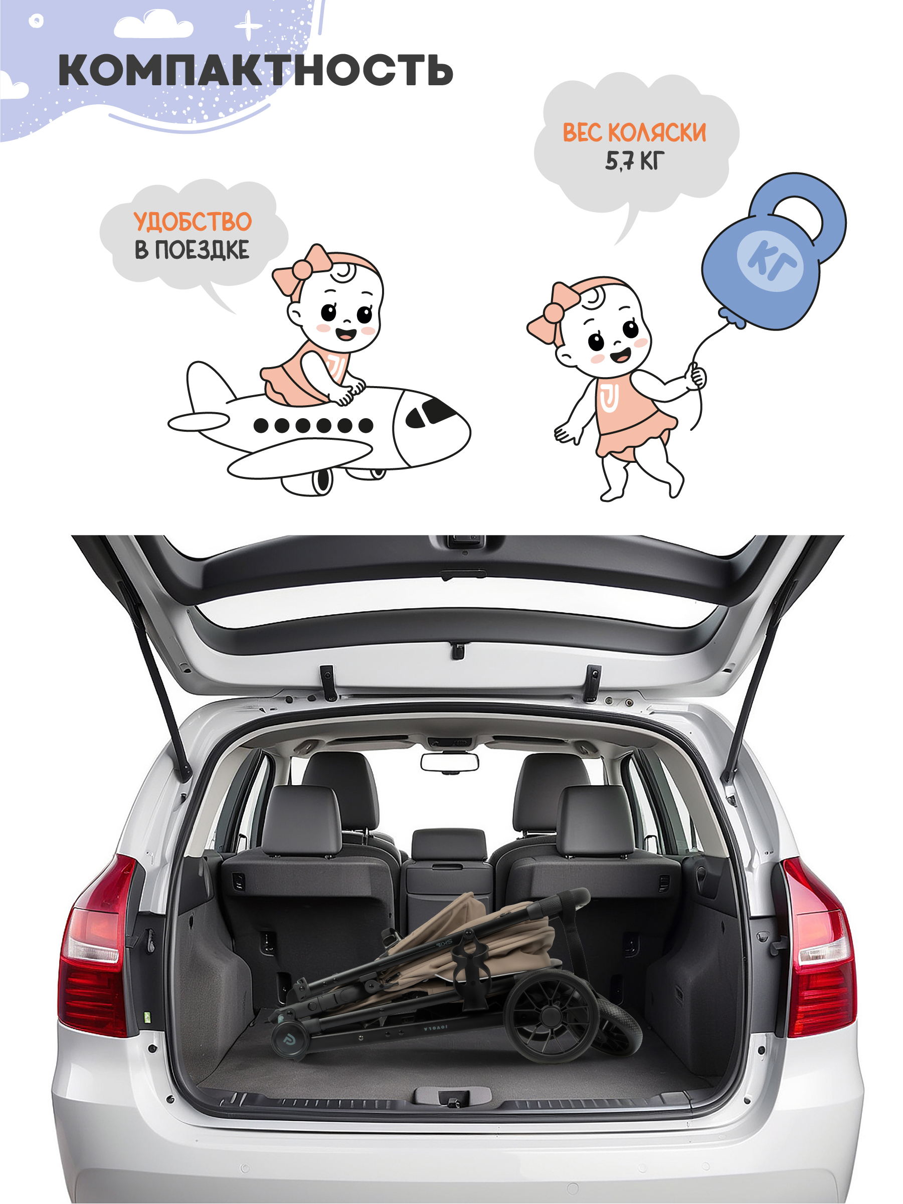 Коляска прогулочная JOVOLA Skill бежевый - фото 3