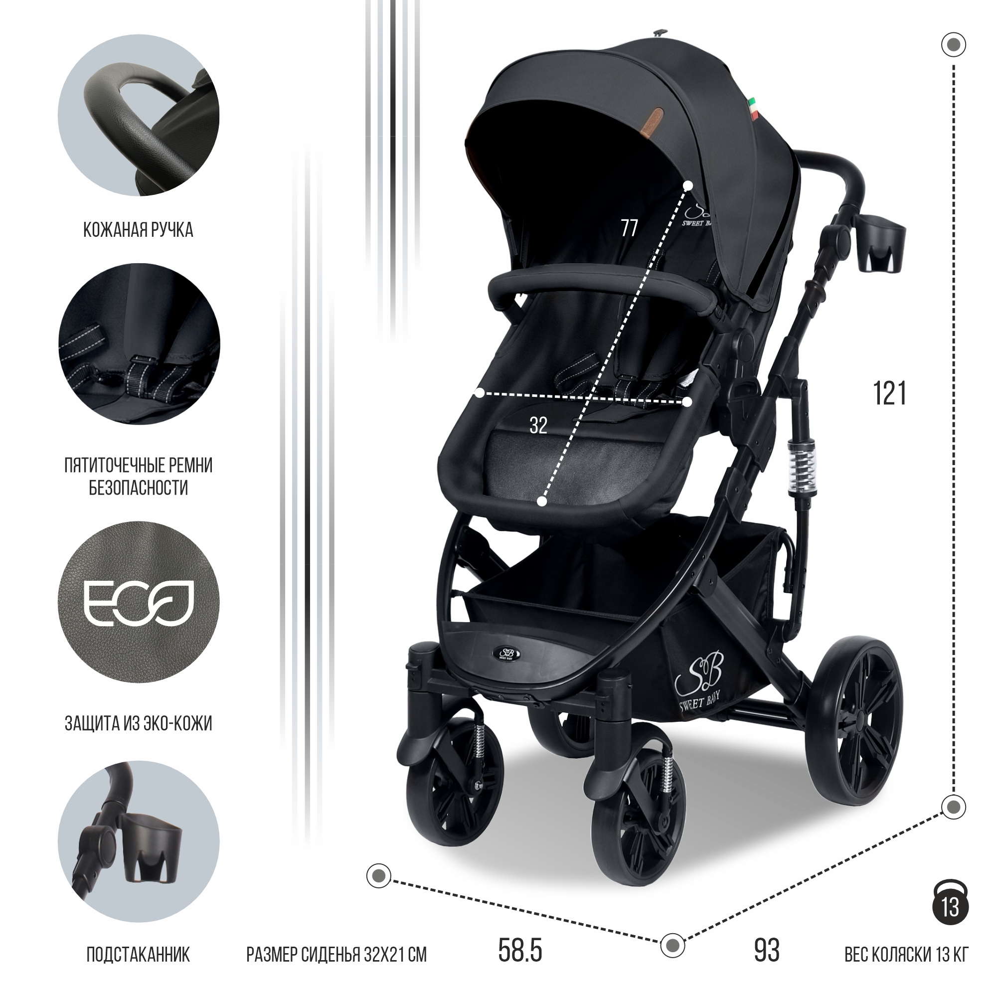 Коляска трансформер Sweet Baby Comfort black black - фото 3