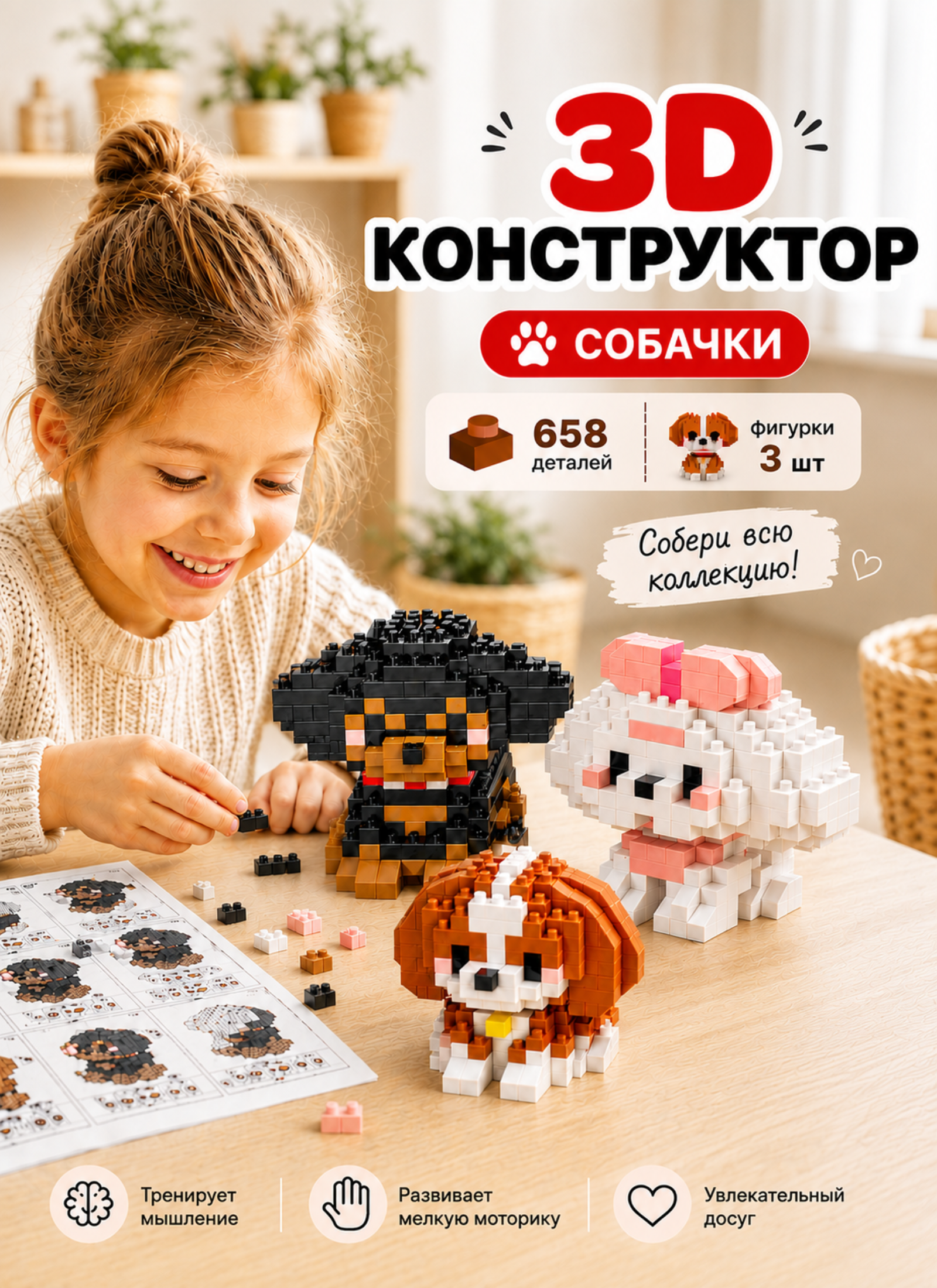 Конструктор TrendToys 3Д Собачки 3 шт из мини-блоков 658 дет. - фото 1
