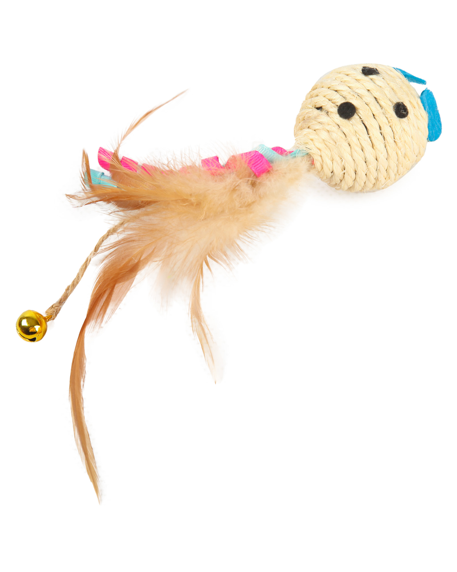 Игрушка для кошек Barbaks Мышка Ленточка с кошачьей мятой. бубенчиком и натуральными перьями 18*6.5см - фото 1