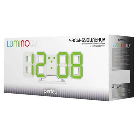 LED часы-будильник Perfeo LUMINOUS белый корпус зелёная подсветка PF-663