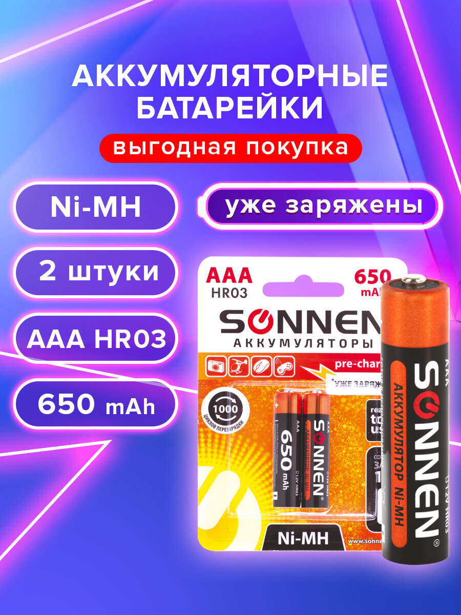 Батарейки Sonnen мизинчиковые ААА аккумуляторные 2 штуки для пульта часов весов фонарика - фото 1