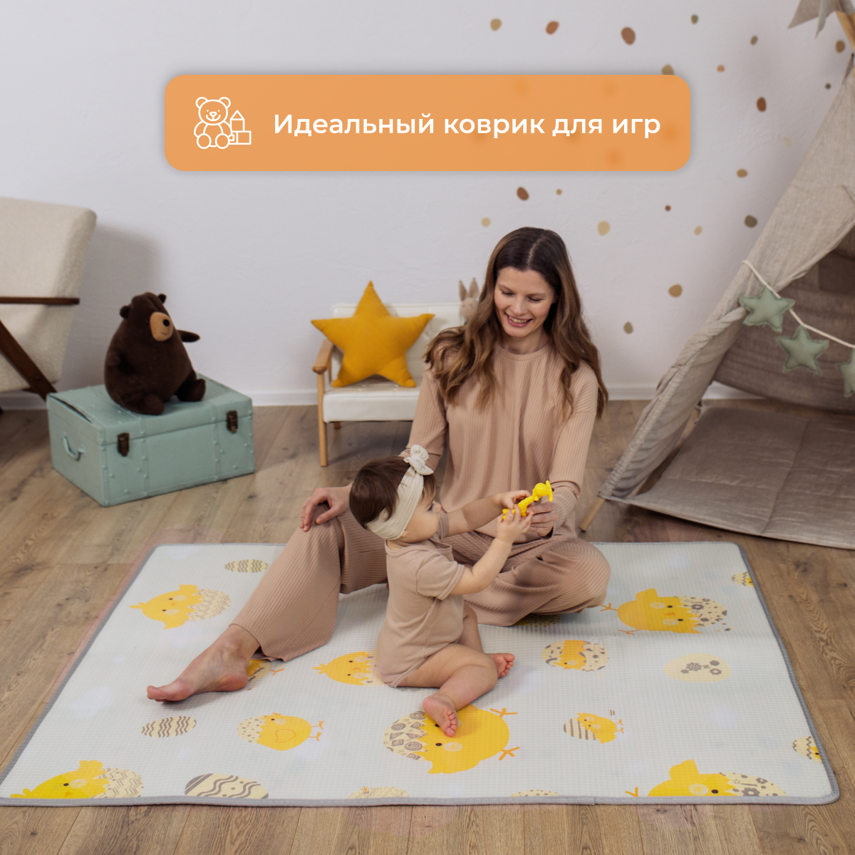 Развивающий коврик детский Mamagoods для ползания складной игровой 120x150 см Цыплята и воздушные шары - фото 10
