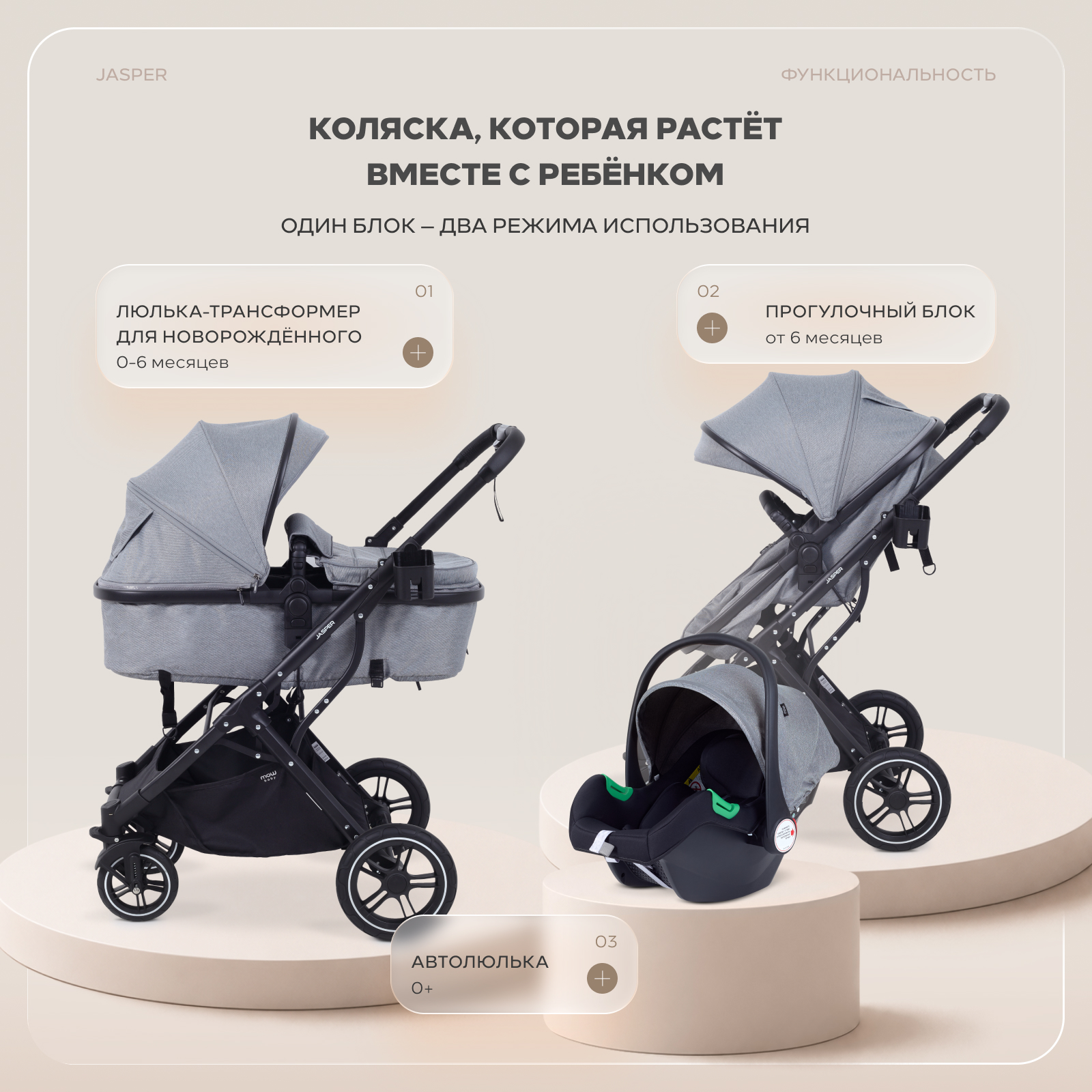 Коляска трансформер MOWbaby Jasper 3в1, grey серый - фото 2